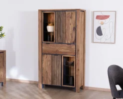 Meuble House Argentier avec éclairage intérieur et étagères verre "Enoa" en palissandre et acacia Hot