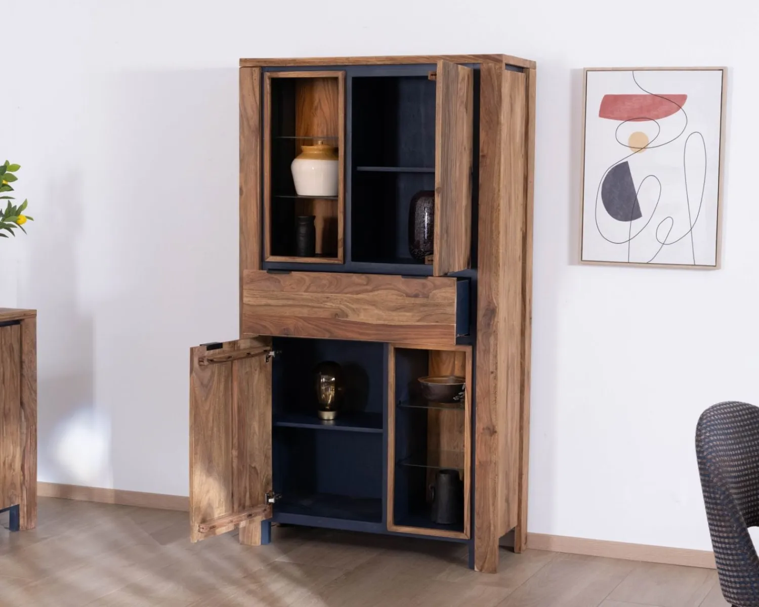 Meuble House Argentier avec éclairage intérieur et étagères verre "Enoa" en palissandre et acacia Hot
