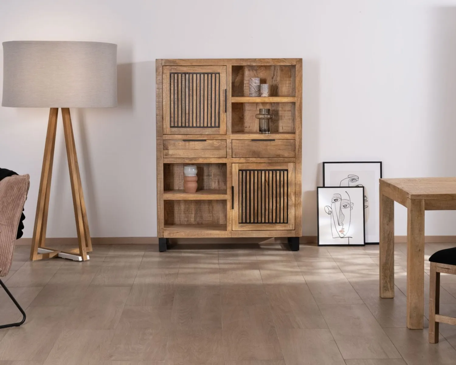 Meuble House Argentier en manguier et pieds métal "Manoha" portes motif stries réversibles Discount