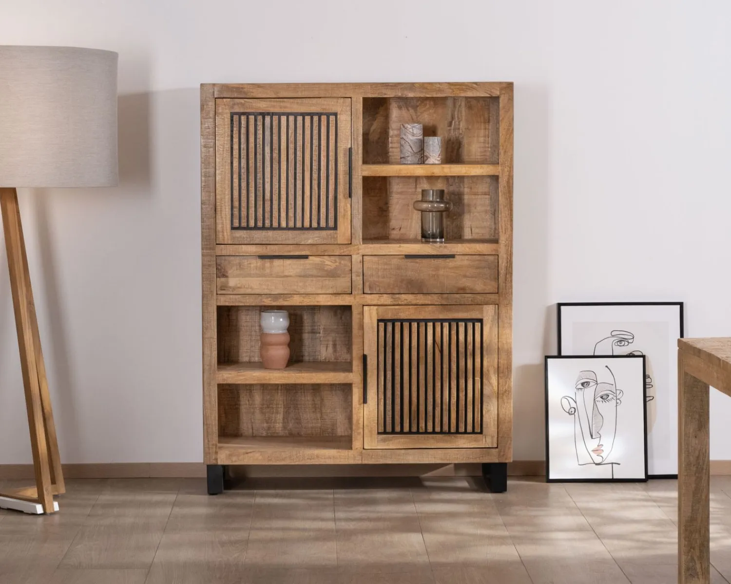 Meuble House Argentier en manguier et pieds métal "Manoha" portes motif stries réversibles Discount