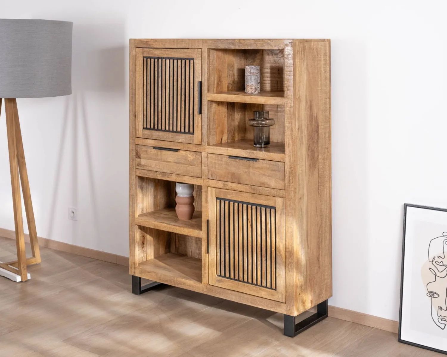 Meuble House Argentier en manguier et pieds métal "Manoha" portes motif stries réversibles Discount