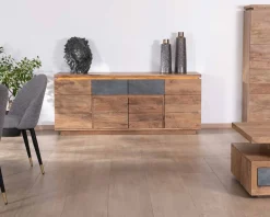 Meuble House Bahut contemporain 175cm en acacia avec bandeau LED et tiroirs placage pierre "Paguera" Outlet