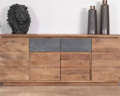 Meuble House Bahut contemporain 175cm en acacia avec bandeau LED et tiroirs placage pierre "Paguera" Outlet