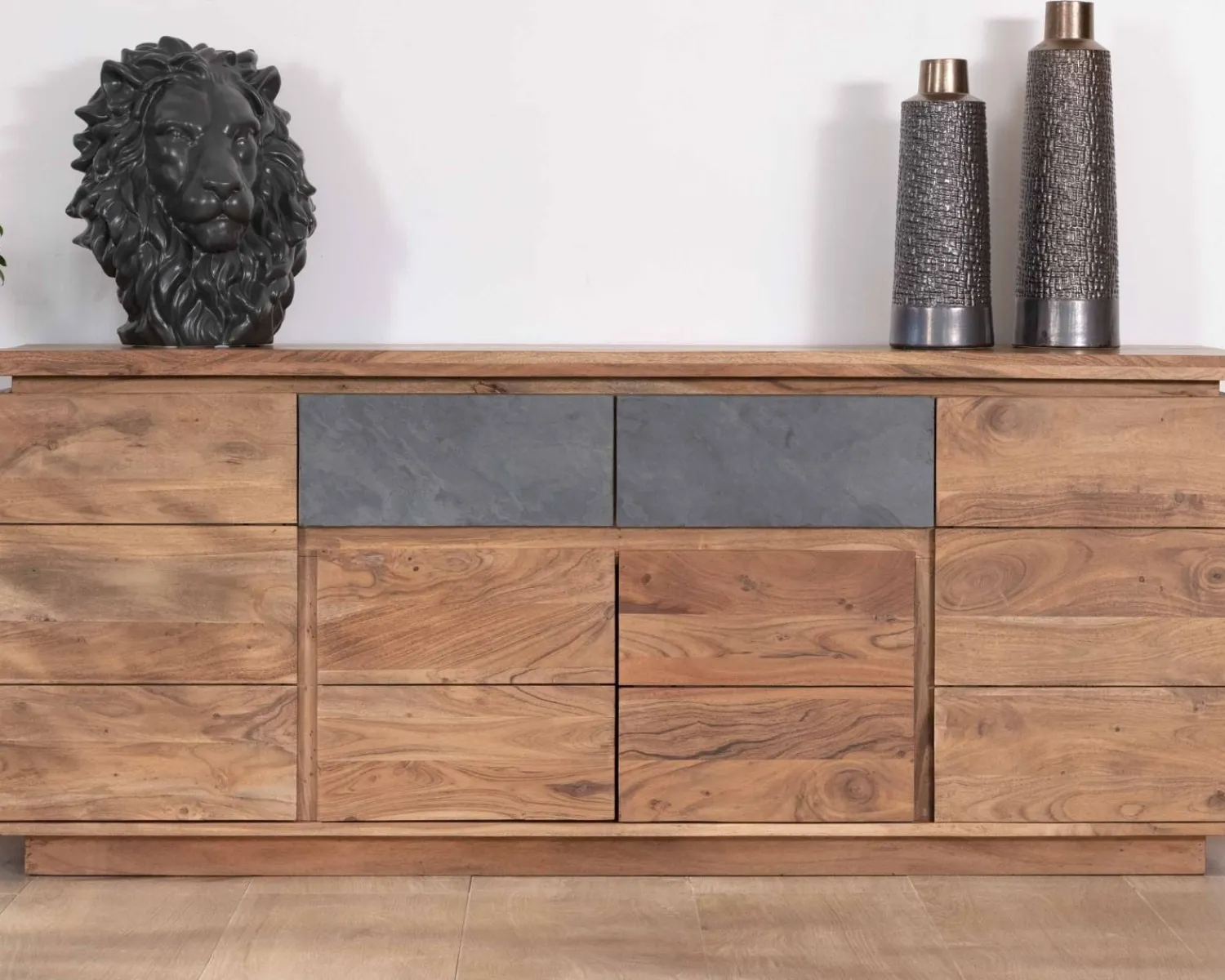 Meuble House Bahut contemporain 175cm en acacia avec bandeau LED et tiroirs placage pierre "Paguera" Outlet