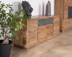 Meuble House Bahut contemporain 175cm en acacia avec bandeau LED et tiroirs placage pierre