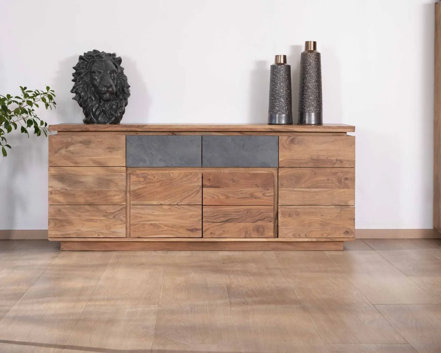 Meuble House Bahut contemporain 175cm en acacia avec bandeau LED et tiroirs placage pierre "Paguera" Outlet
