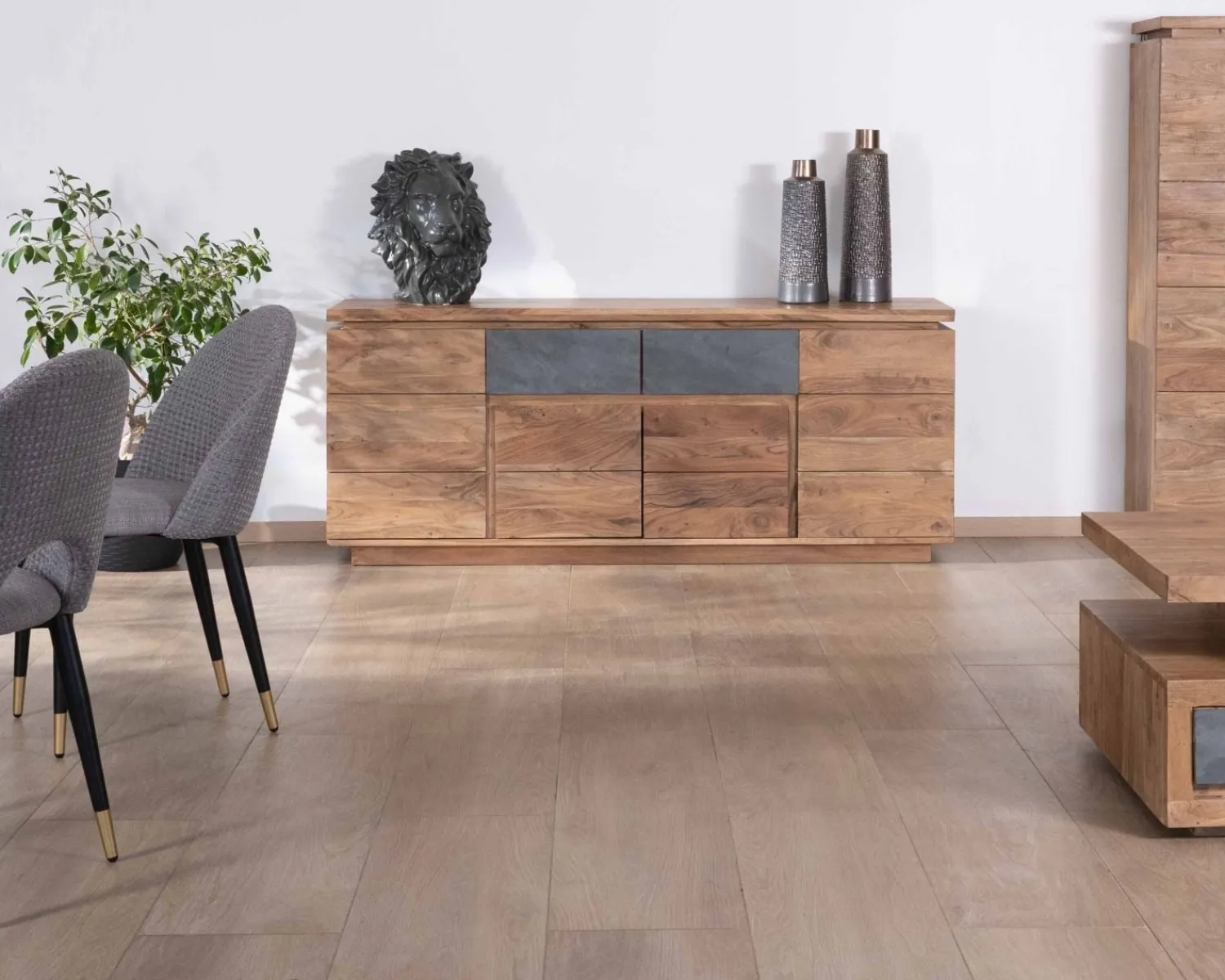 Meuble House Bahut contemporain 175cm en acacia avec bandeau LED et tiroirs placage pierre "Paguera" Outlet