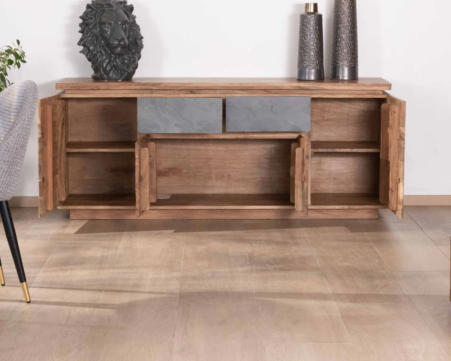 Meuble House Bahut contemporain 175cm en acacia avec bandeau LED et tiroirs placage pierre "Paguera" Outlet