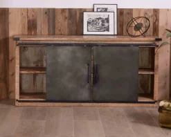 Meuble House Bahut industriel portes coulissantes et tiroirs bois 180cm