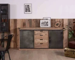 Meuble House Bahut industriel portes coulissantes et tiroirs bois 180cm