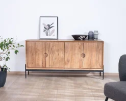 Meuble House Bahut 4 portes en acacia et métal 160 cm "Novelli" esprit zen et épuré New
