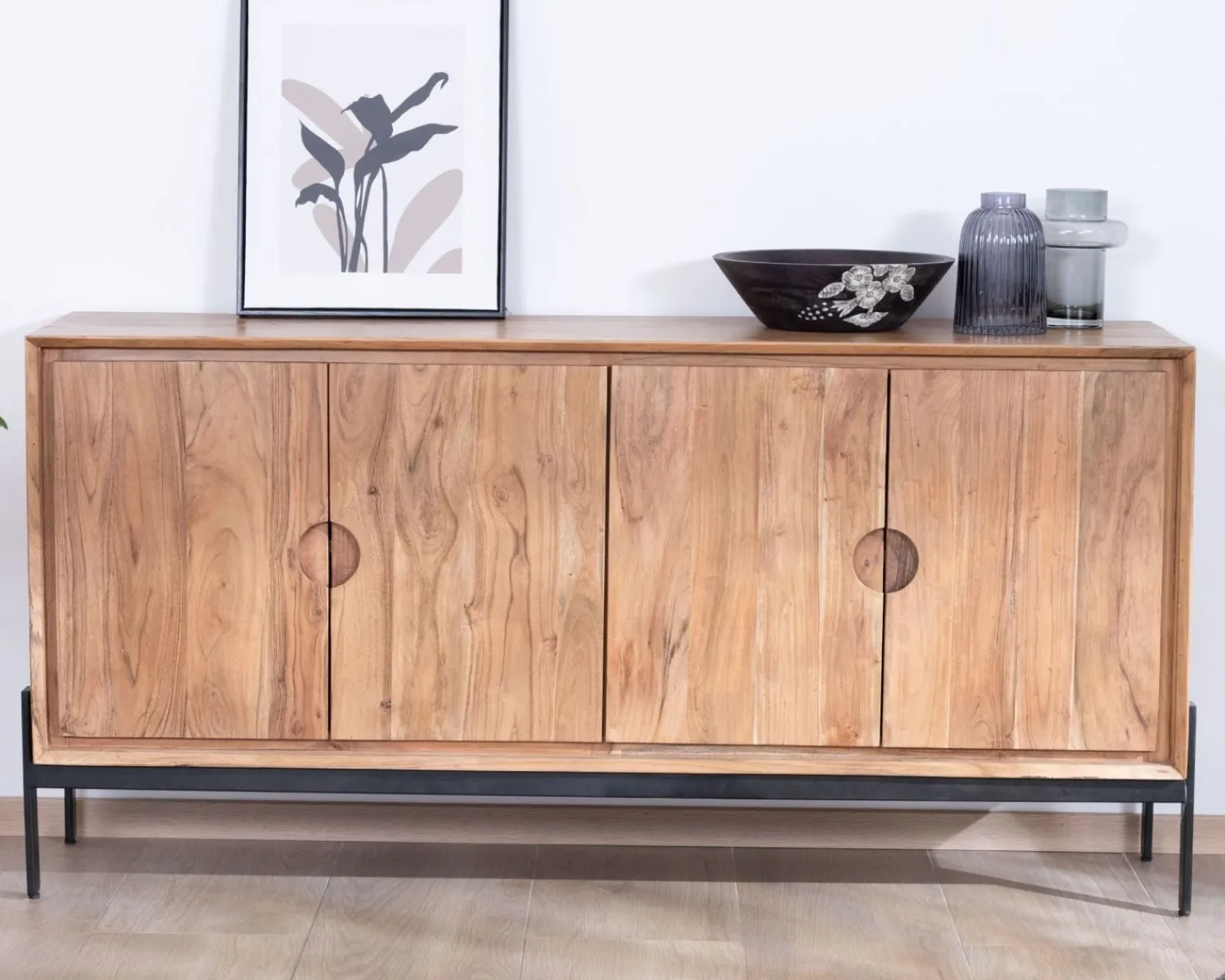 Meuble House Bahut 4 portes en acacia et métal 160 cm "Novelli" esprit zen et épuré New