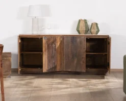 Meuble House Bahut 4 portes en bois recyclé et plateau marbre blanc 