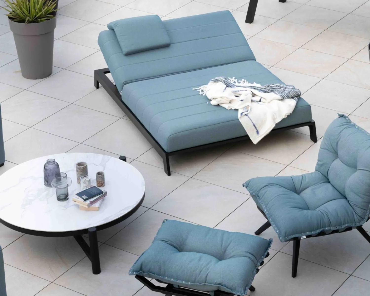 Meuble House Bain de soleil double turquoise et noir textile extérieur "Terrasse" Sale