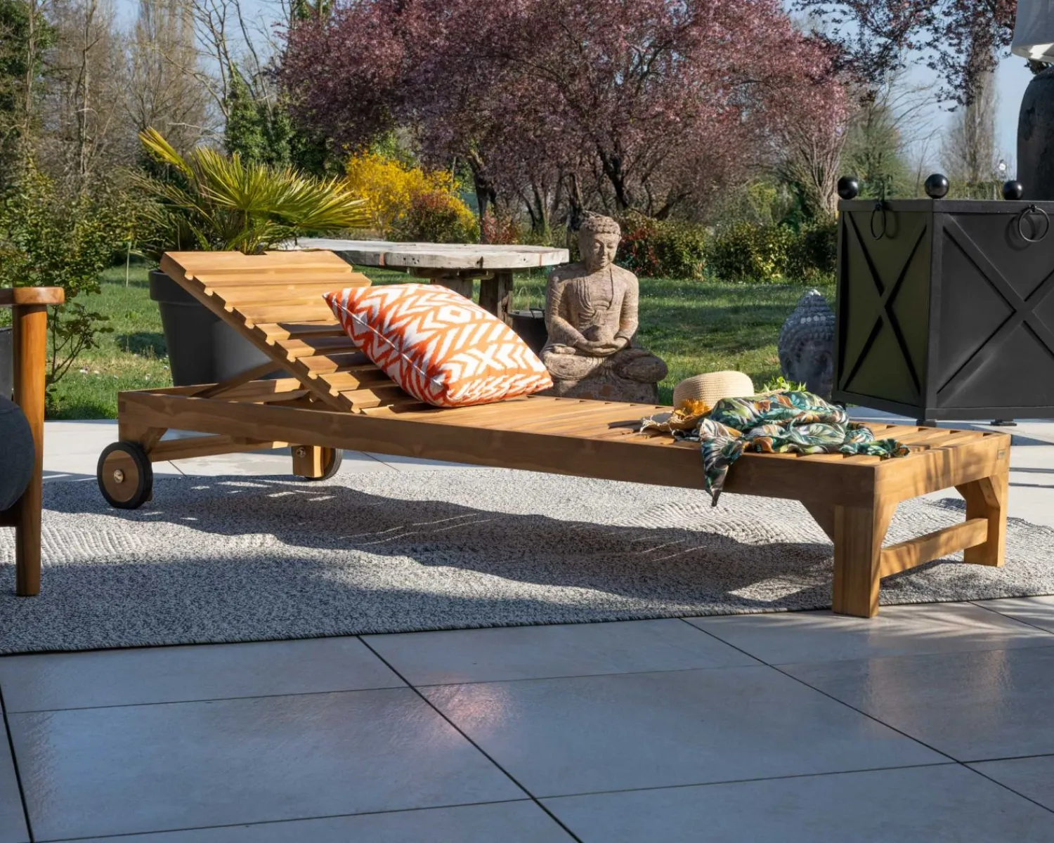 Meuble House Bain de soleil 1 place en teck massif avec roulettes "Estiva" New