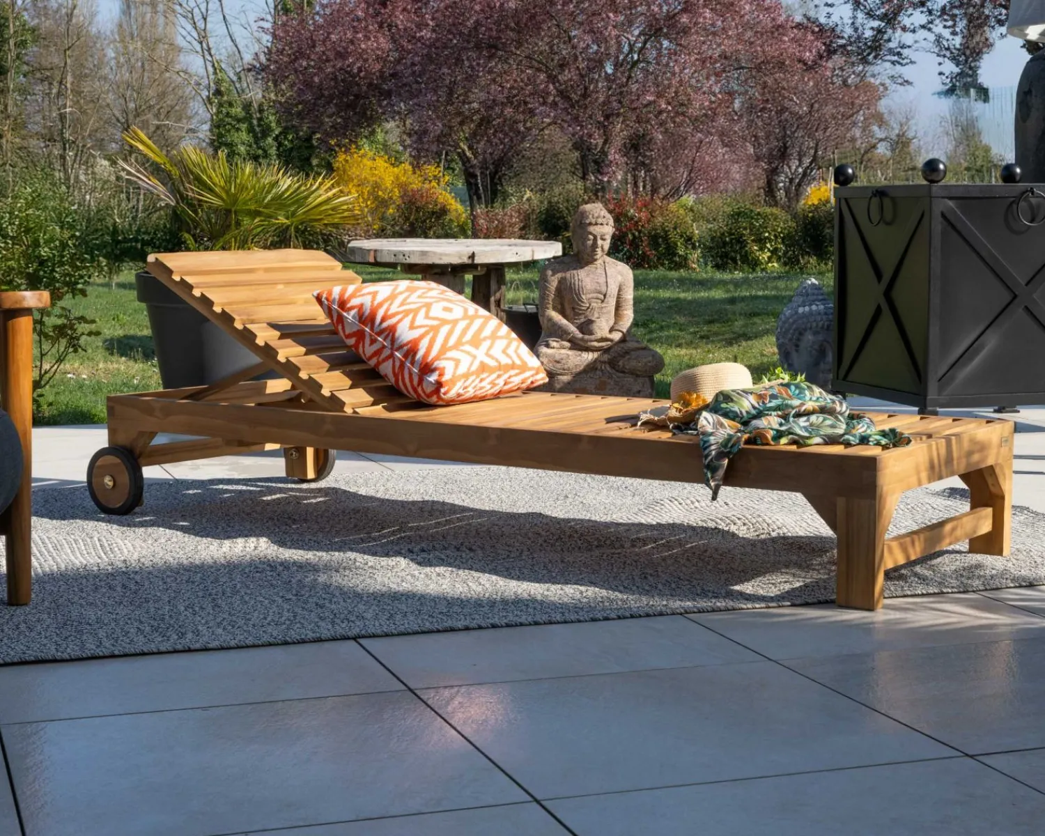 Meuble House Bain de soleil 1 place en teck massif avec roulettes "Estiva" New
