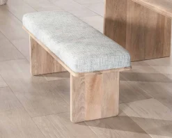 Meuble House Banc élégant et confortable 120cm en manguier et assise rembourrée tissu gris chiné