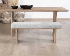 Meuble House Banc élégant et confortable 120cm en manguier et assise rembourrée tissu gris chiné