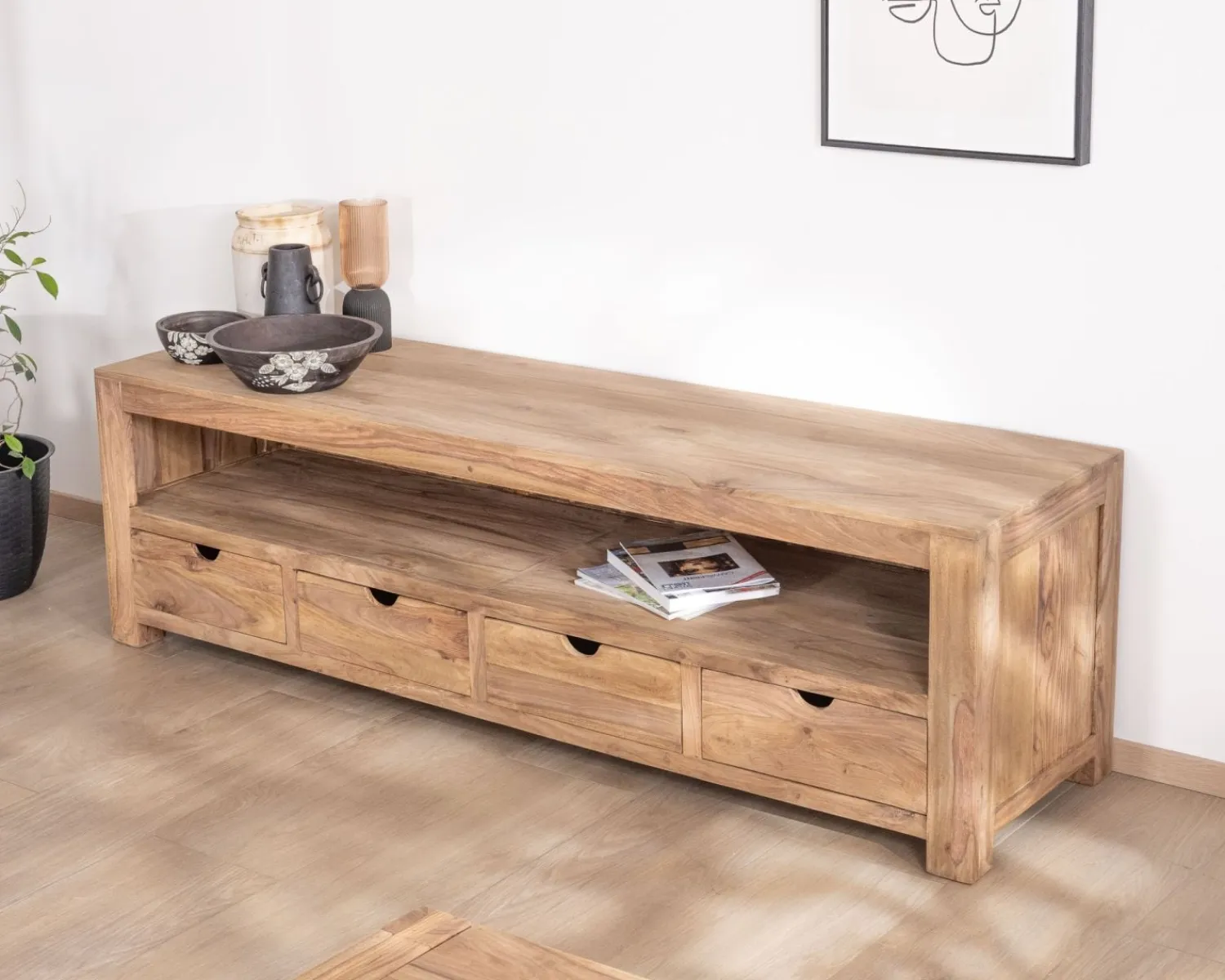 Meuble House Banc TV 200 cm épuré en palissandre "Kalanohé" niche et 4 tiroirs Sale