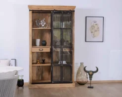 Meuble House Bibliothèque style manufacture bois de manguier métal et verre