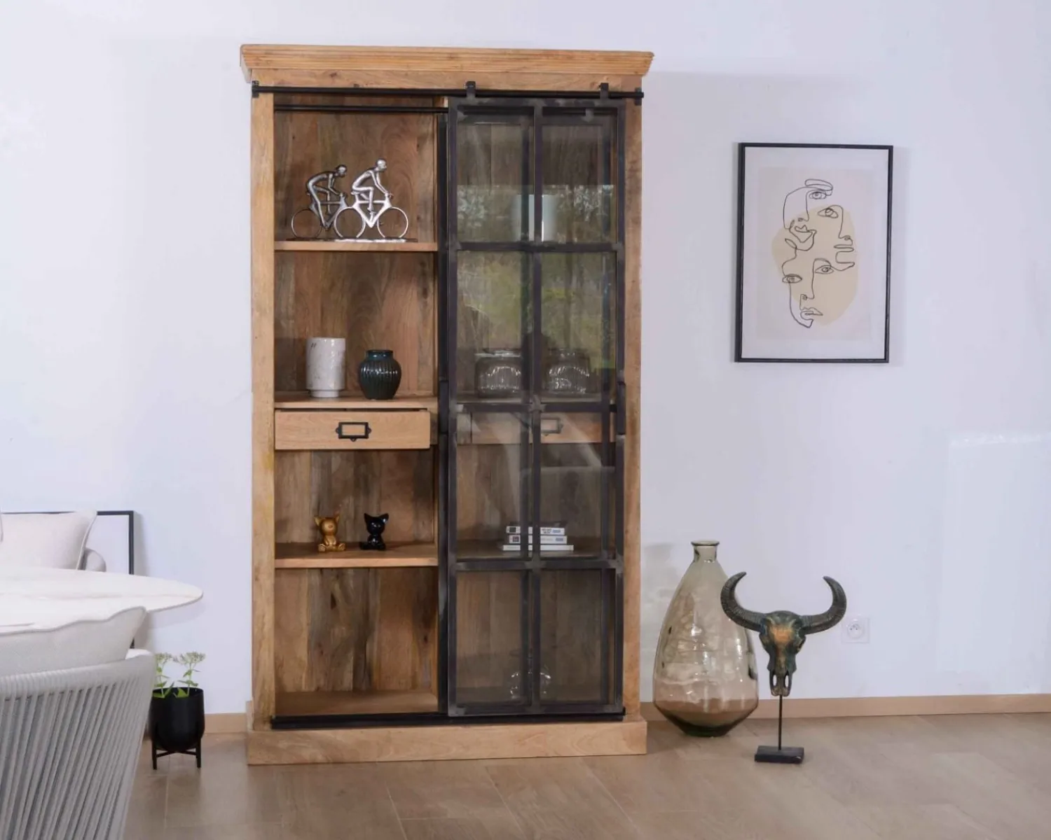 Meuble House Bibliothèque style manufacture bois de manguier métal et verre "Haden" Hot