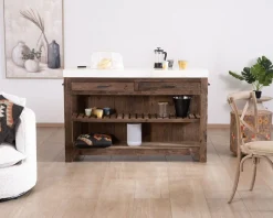 Meuble House Billot de cuisine en teck recyclé et plateau marbre blanc "Grana" Best