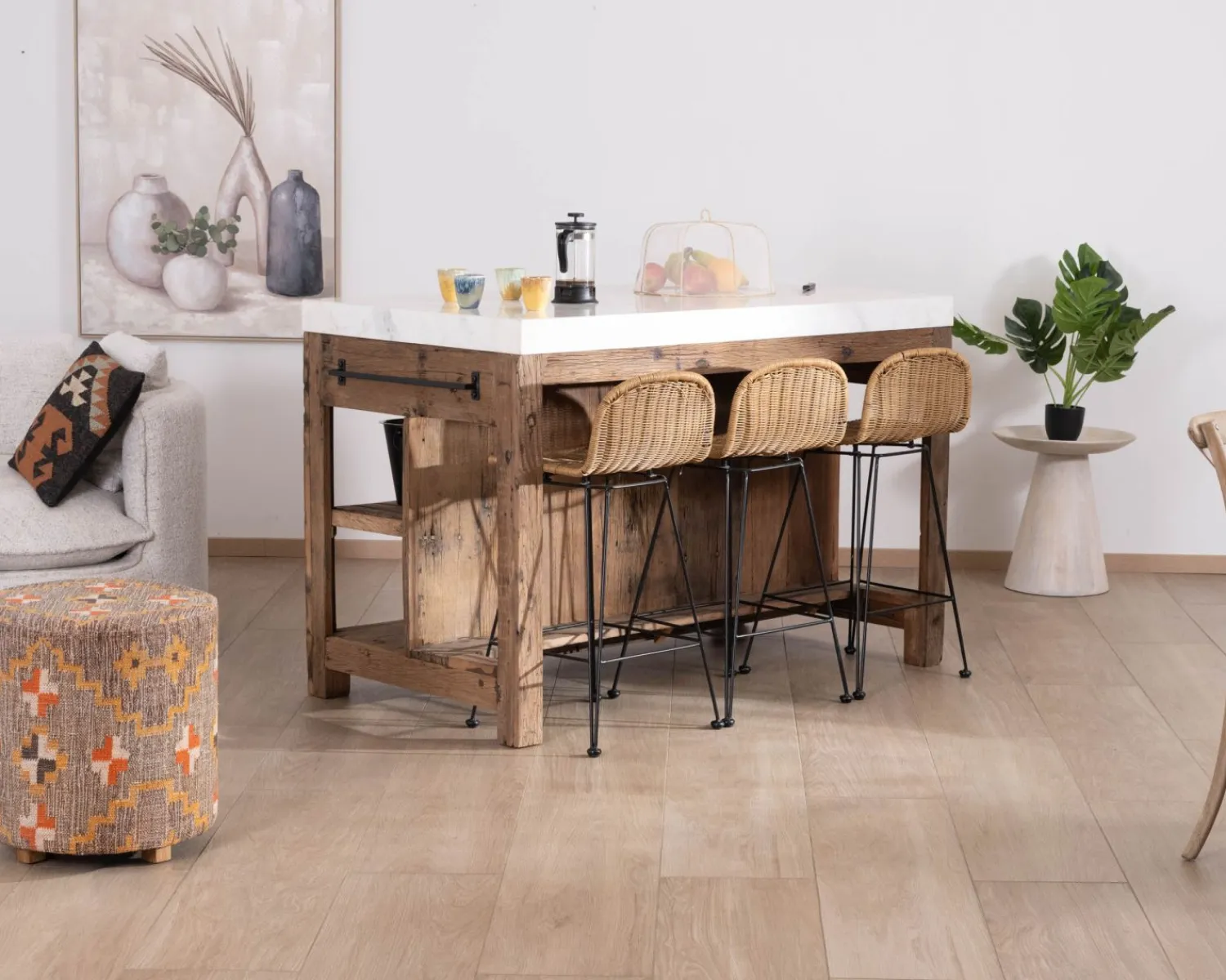 Meuble House Billot de cuisine en teck recyclé et plateau marbre blanc "Grana" Best