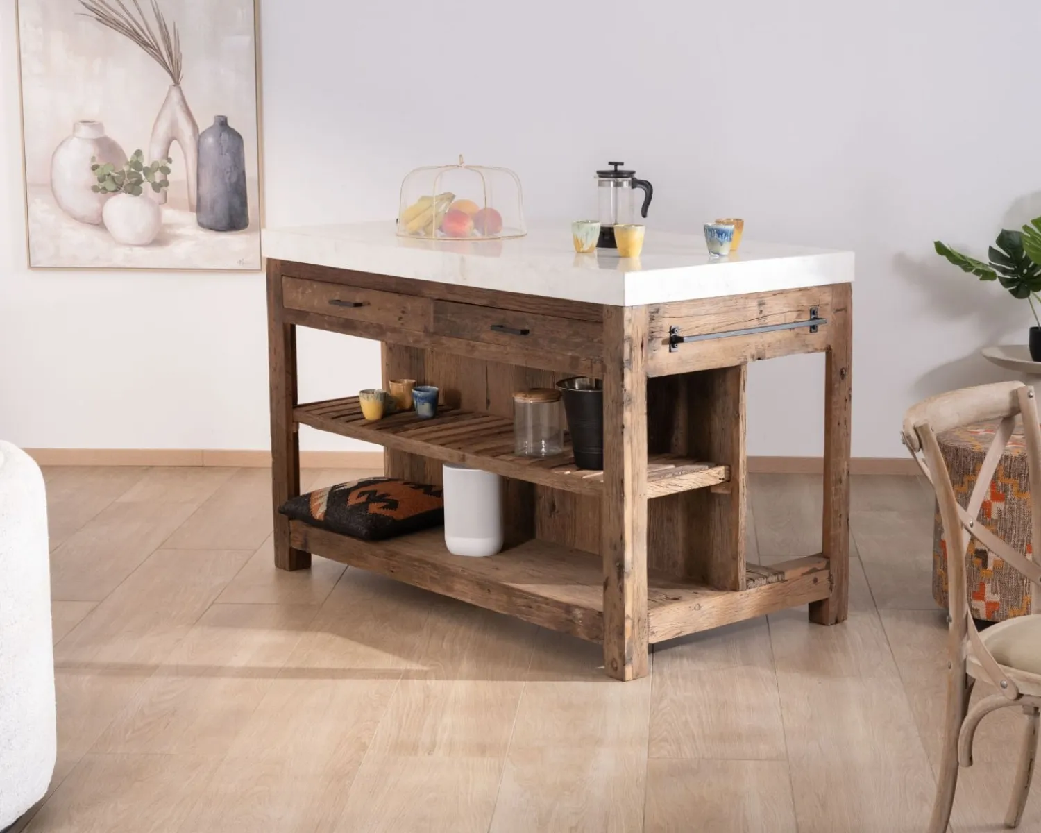 Meuble House Billot de cuisine en teck recyclé et plateau marbre blanc "Grana" Best