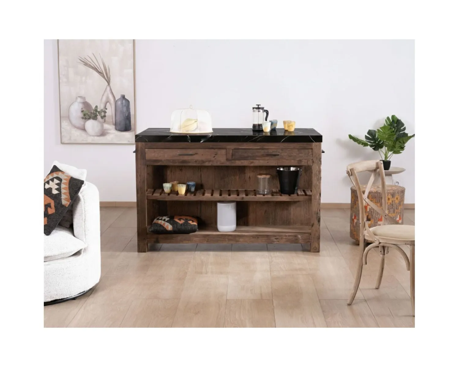 Meuble House Billot de cuisine en teck recyclé et plateau marbre noir "Grana" Sale