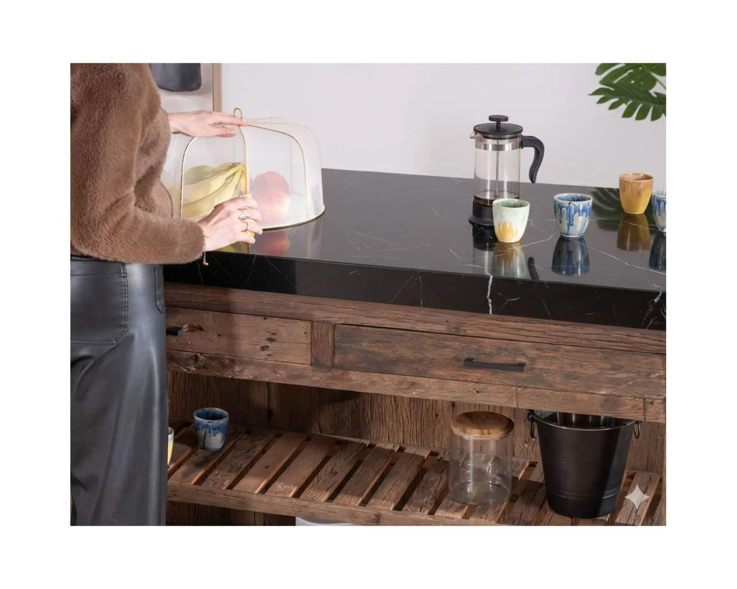 Meuble House Billot de cuisine en teck recyclé et plateau marbre noir "Grana" Sale