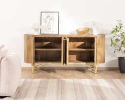 Meuble House Buffet arrondi avec plateau en terrazzo blanc et pieds métal doré "Bruges" Sale