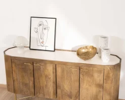 Meuble House Buffet arrondi avec plateau en terrazzo blanc et pieds métal doré