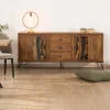 Meuble House Buffet bas acacia massif et pieds métal noirs "Membatu" 175cm portes et tiroirs style ethnique