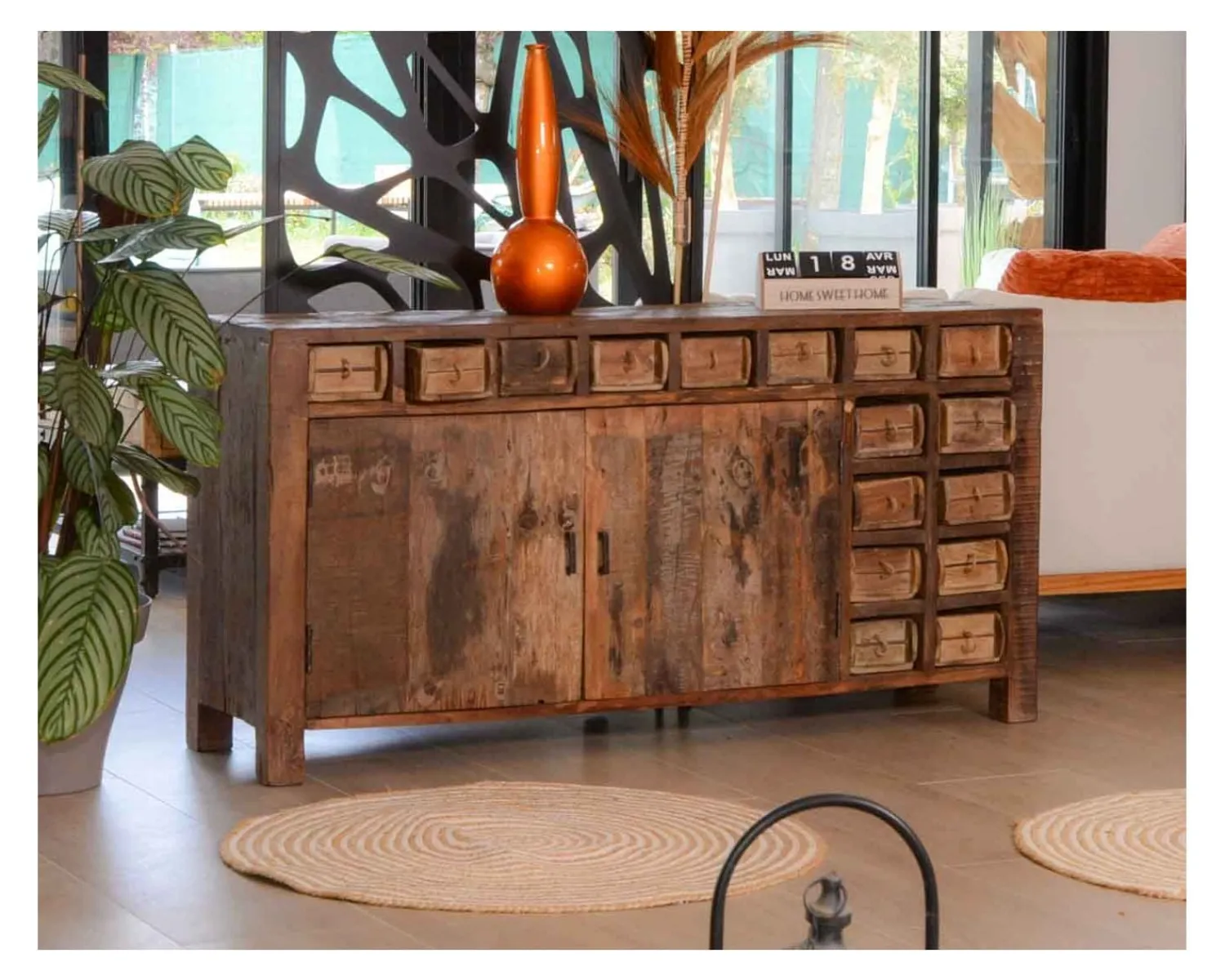 Meuble House Buffet bas ethnique en bois exotique brut recyclé 150cm "Népalaise" Online