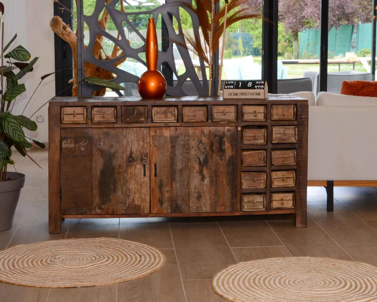 Meuble House Buffet bas ethnique en bois exotique brut recyclé 150cm "Népalaise" Online