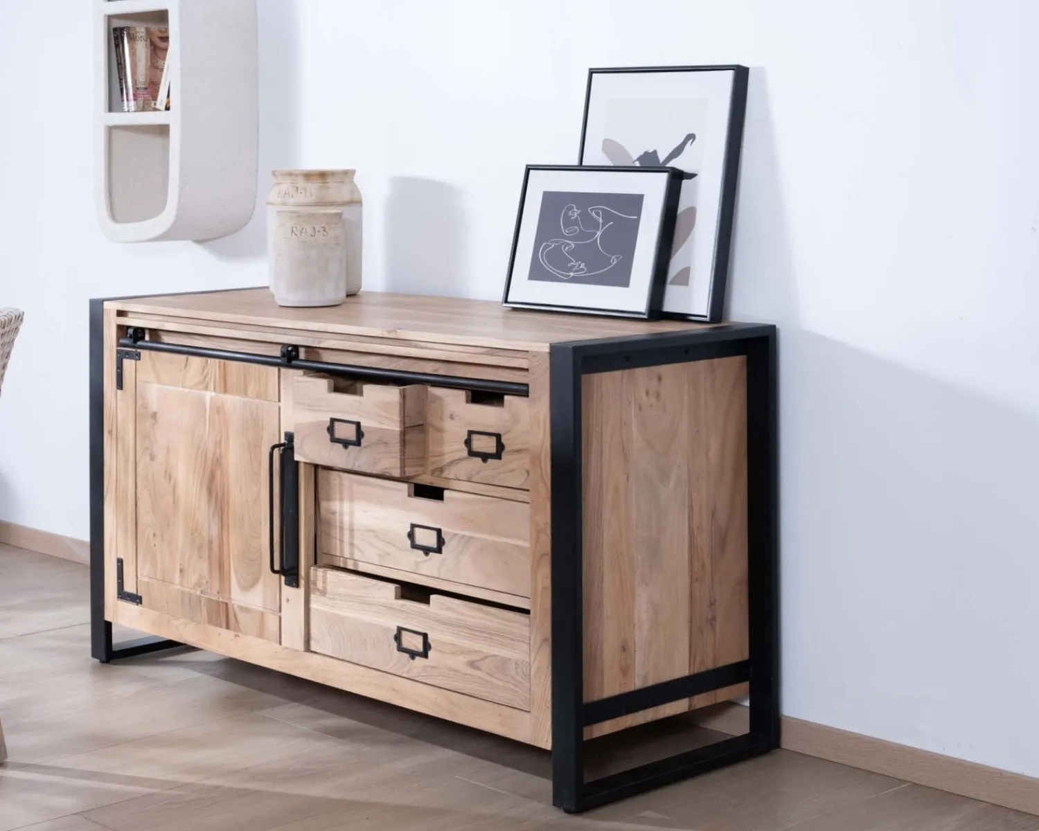 Meuble House Buffet bas industriel en bois d’acacia naturel et métal "Montréal" New
