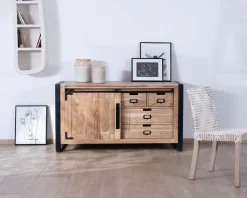Meuble House Buffet bas industriel en bois d’acacia naturel et métal