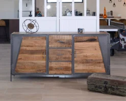 Meuble House Buffet bas industriel métal gris et bois de manguier massif