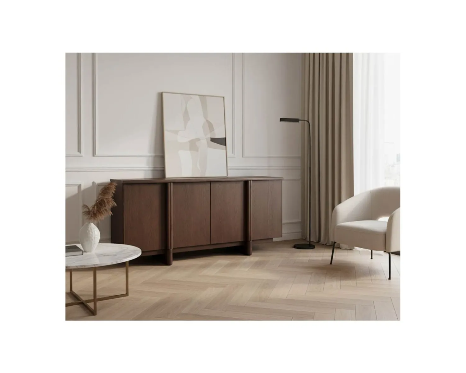 Meuble House Buffet bas 4 portes esprit japandi "Laumie" teinte foncée Outlet