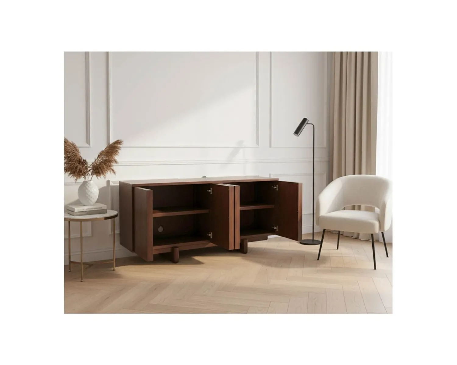 Meuble House Buffet bas 4 portes esprit japandi "Laumie" teinte foncée Outlet