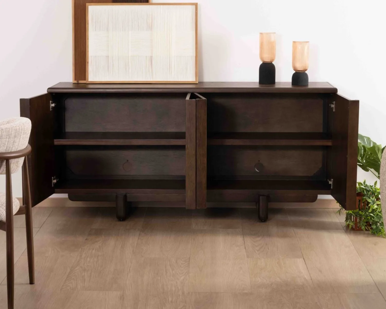 Meuble House Buffet bas 4 portes esprit japandi "Laumie" teinte foncée Outlet