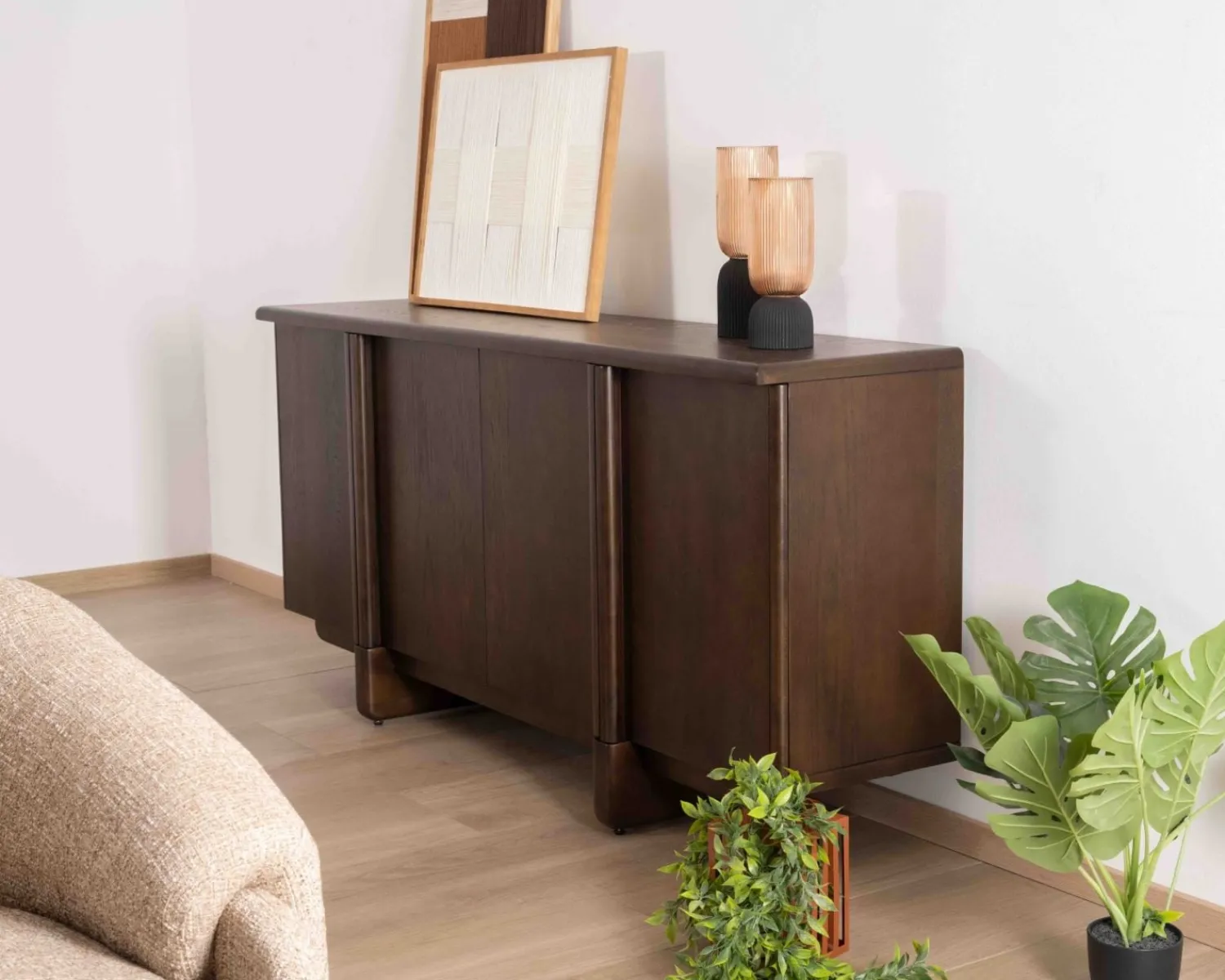 Meuble House Buffet bas 4 portes esprit japandi "Laumie" teinte foncée Outlet