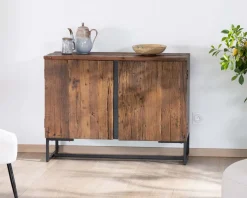 Meuble House Buffet bas 2 portes style industriel rétro acacia et métal noir "Cachou Chic" New