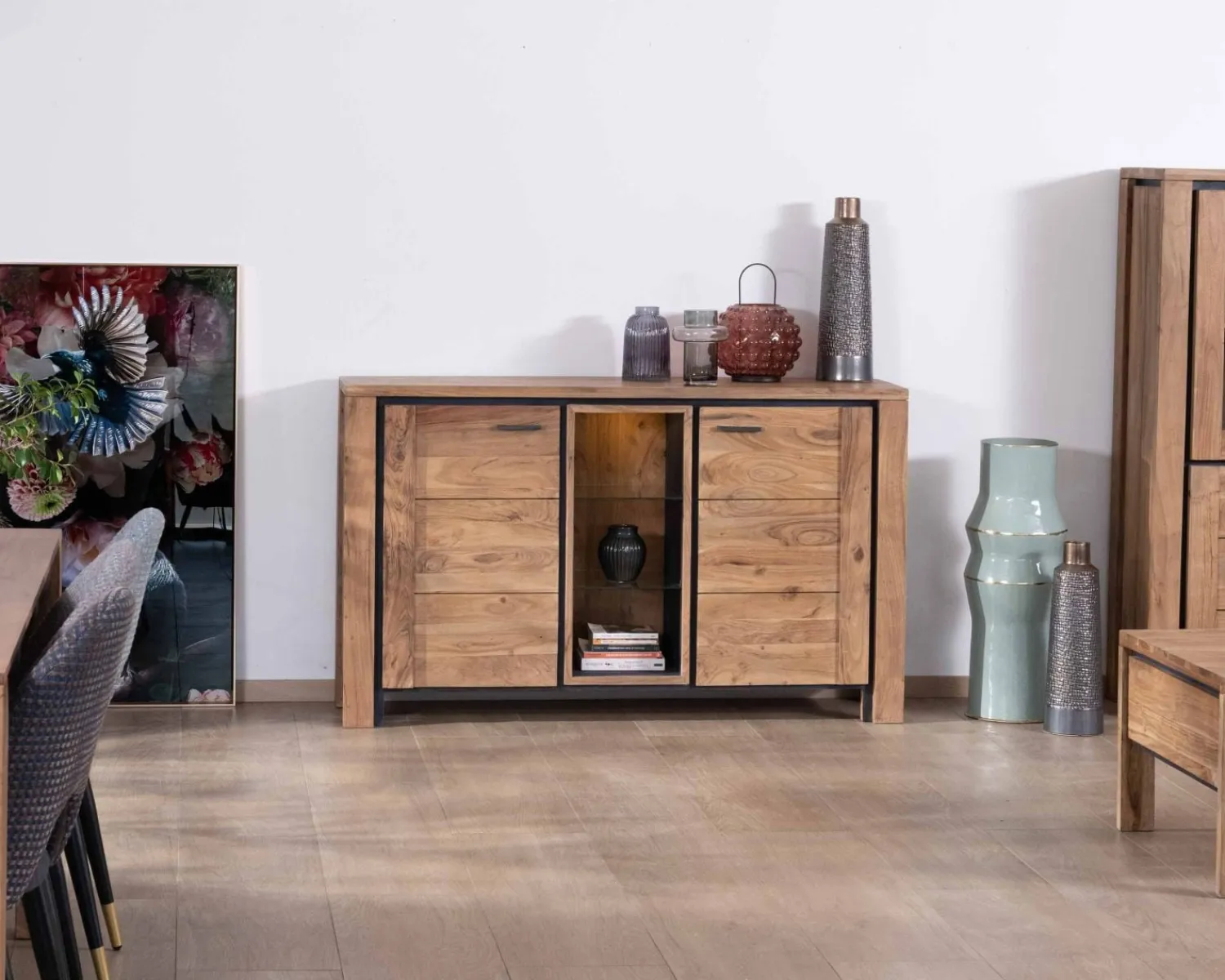 Meuble House Buffet contemporain 150cm en acacia 2 portes et étagères vitrées "Fantaisie" Hot