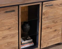 Meuble House Buffet contemporain 150cm en acacia 2 portes et étagères vitrées