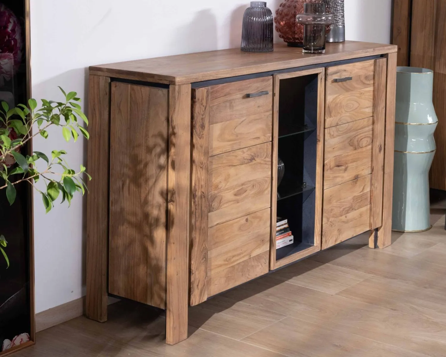 Meuble House Buffet contemporain 150cm en acacia 2 portes et étagères vitrées "Fantaisie" Hot