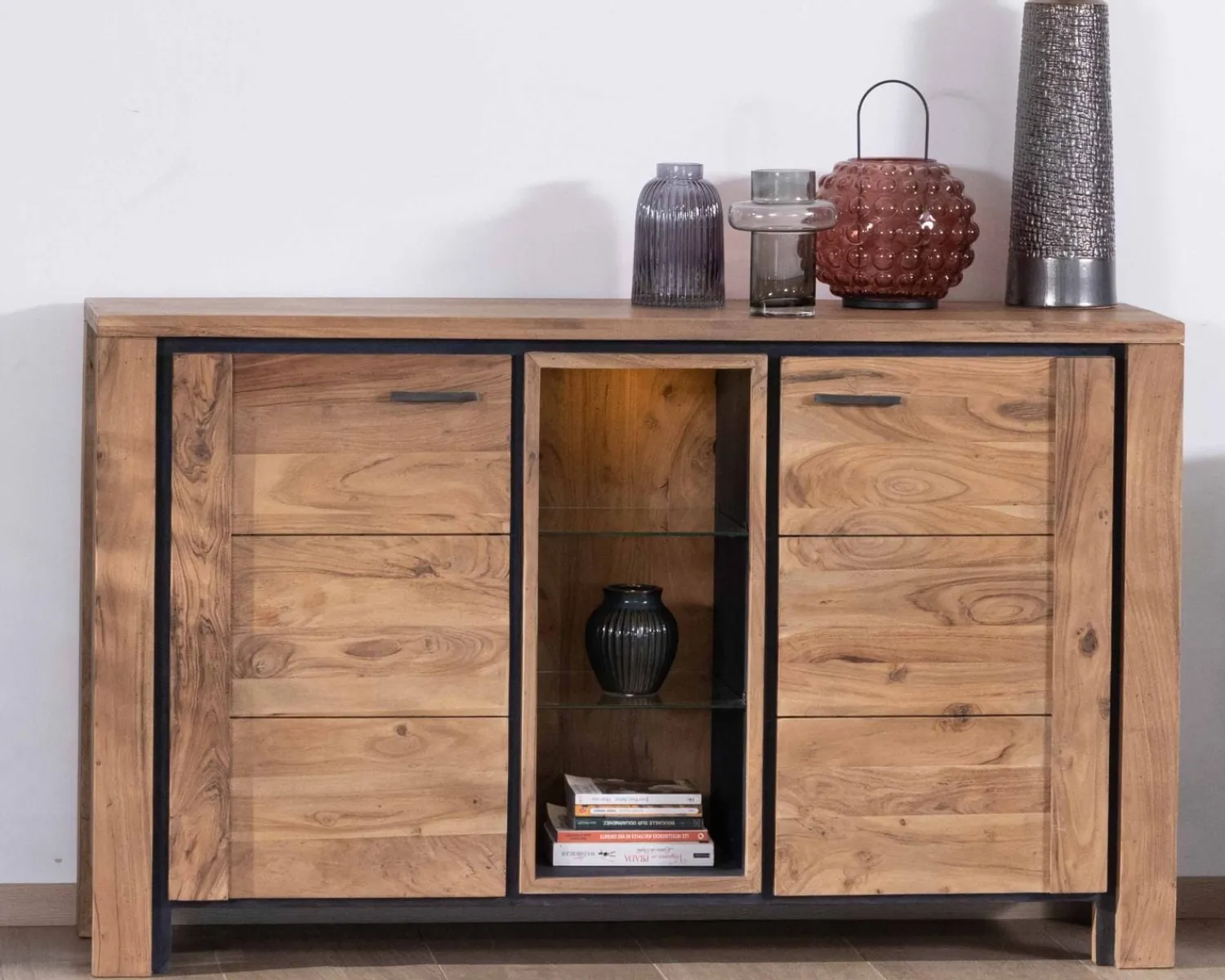 Meuble House Buffet contemporain 150cm en acacia 2 portes et étagères vitrées "Fantaisie" Hot