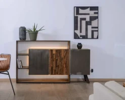 Meuble House Buffet design bois massif avec LED et décor métal et ciment