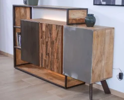 Meuble House Buffet design bois massif avec LED et décor métal et ciment