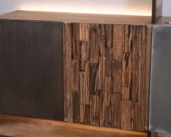 Meuble House Buffet design bois massif avec LED et décor métal et ciment